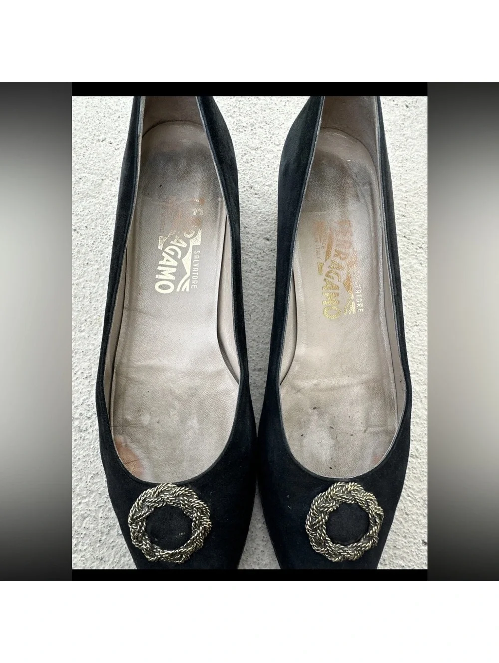Vintage Ferragamo Black Flats with Gold Accents